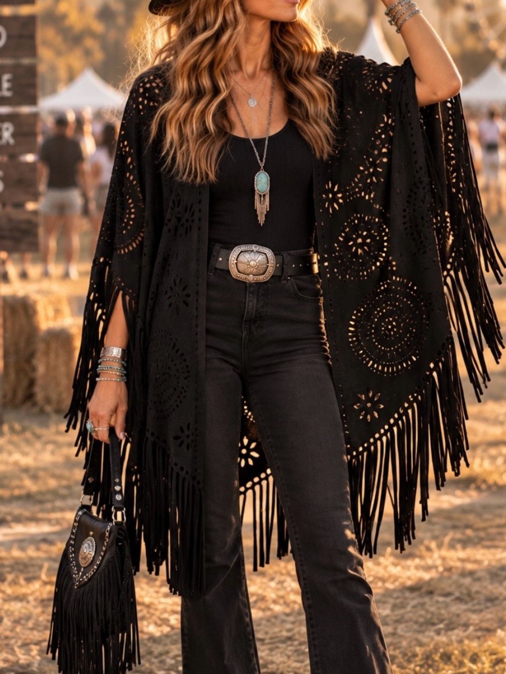 Boho Fringe Open-Front Poncho Sweater in Black